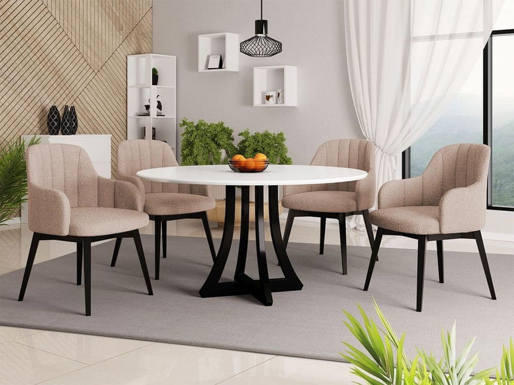 Veneti Okrúhly jedálenský stôl 100 cm so 4 stoličkami TULZA 2 - lesklý čiernobiely / béžový